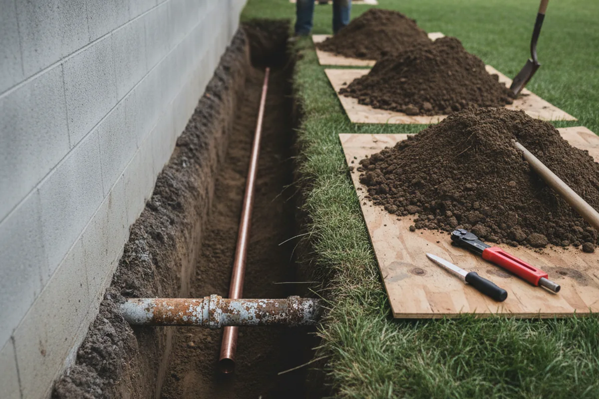 Excavated water line trench during Sewer Line Repair in Raisin City